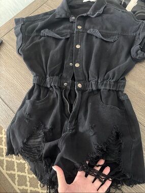 Black Distressed Short Sleeve Denim Romper